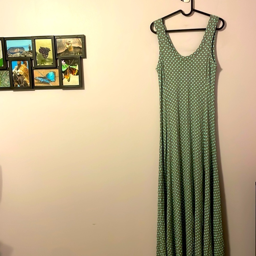 Soft Surroundings Gray Seafoam Polka Dot Maxi Dress Stretchy Sleeveless size XS